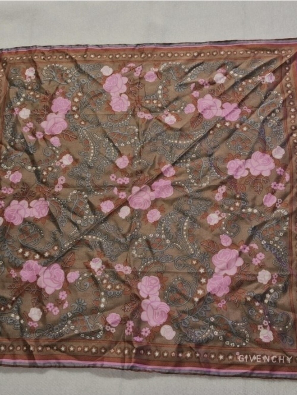 Givenchy Brown Silk Scarf with Pink Floral Paisley Print